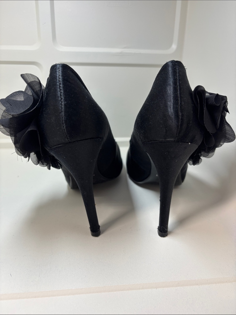 Nine West Black Floral Peep-Toe Pumps with Fabric Rosette - Picture 3 of 10